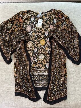 Free People Black Floral Boho Kimono with Gold & Pink Accents